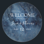 Celestial Night Sky Silver Wedding Welcome Sticker<br><div class="desc">This celestial night sky | silver wedding welcome sticker is perfect for your enchanted under-the-stars wedding. The dark navy blue watercolor sky, dotted with silver stars, will set the tone for your evening boho outdoor wedding. Personalize it as you wish or keep it as is. Be sure to look through...</div>
