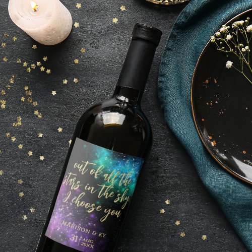 Celestial Night Sky Space Nebula Gold Star Wedding Wine Label