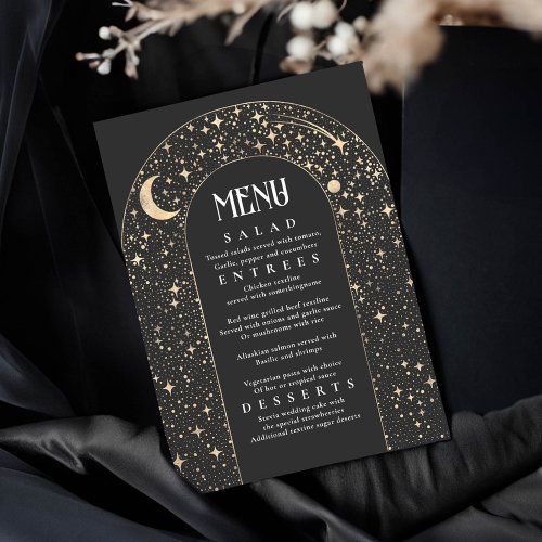 Celestial Night Sky Stars Arch Black Wedding Menu Invitation