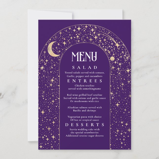 Celestial Night Sky Stars Arch Purple Wedding Menu Invitation (Front)