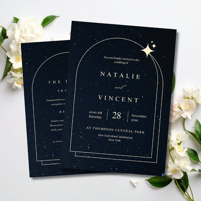 Celestial Night Sky Wedding Navy Blue Starry Arch Invitation (Creator Uploaded)