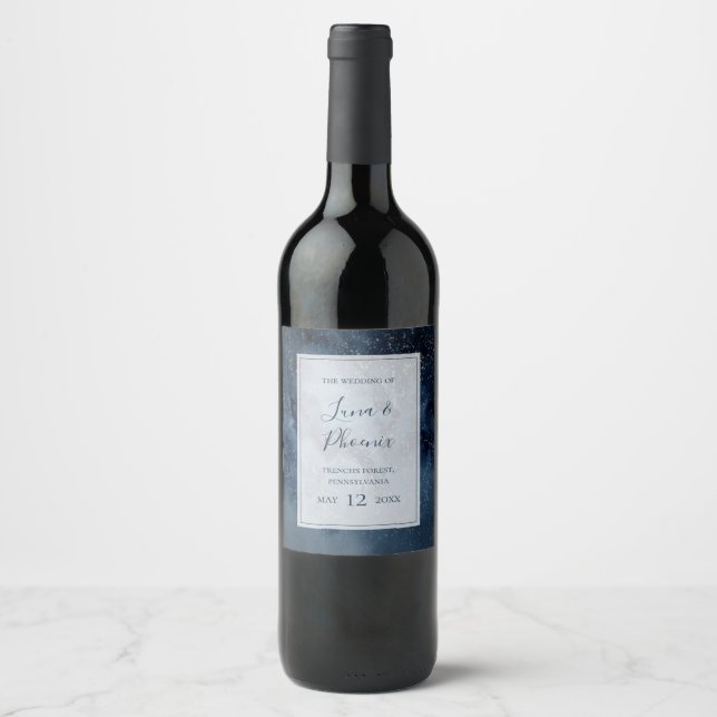 Celestial Night Sky With Frame Wedding Wine Label (Front)