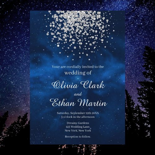Celestial Night Sky With Silver Confetti Wedding Invitation