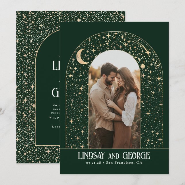Celestial Night Stars Emerald Green Wedding Photo Invitation (Front/Back)