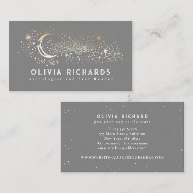 Celestial Night Stars Moon Light Grey Mystical  Business Card (Front/Back)