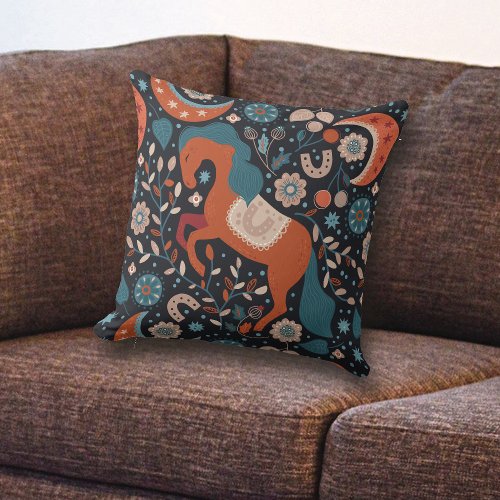 Celestial Nordic Red Horse Pattern Throw Pillow