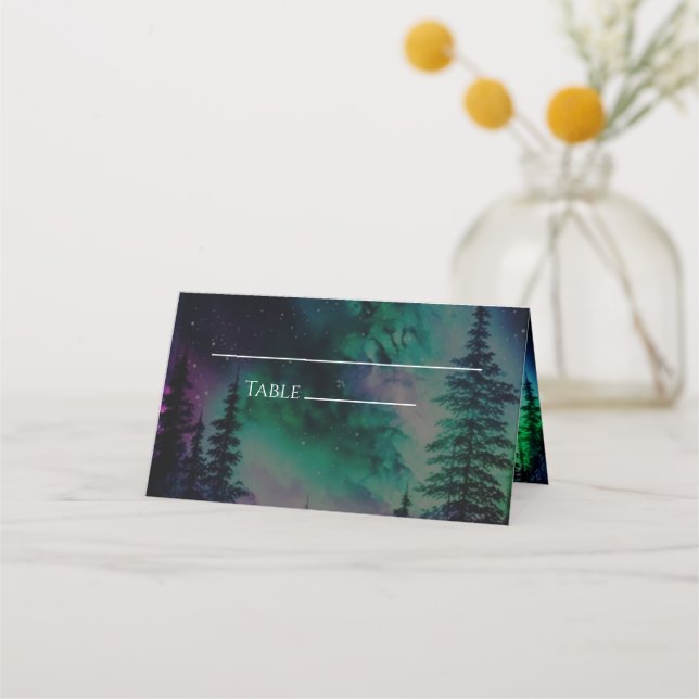 Celestial Northern Light Wedding Folded Place Card (Front)