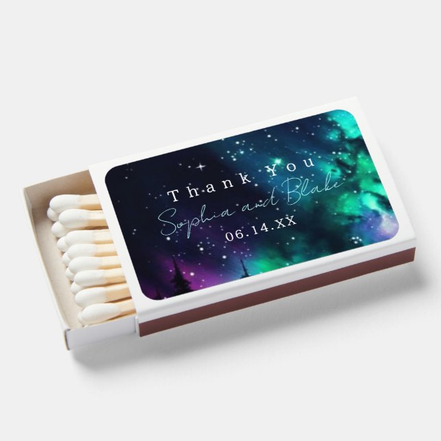 Celestial Northern Lights Wedding Favor Matchboxes (Front Open)