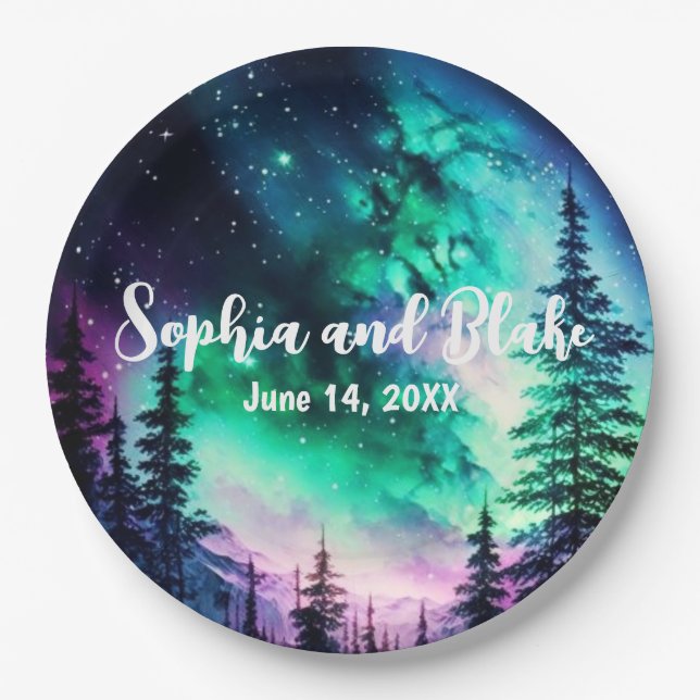Celestial Northern Lights Wedding Paper Plates (Front)