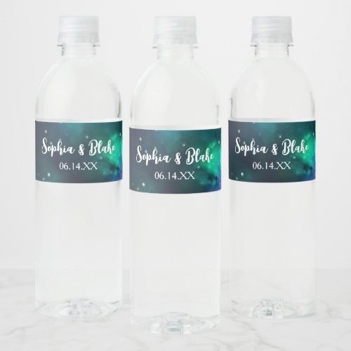 Celestial Northern Lights Wedding Water Bottle Label