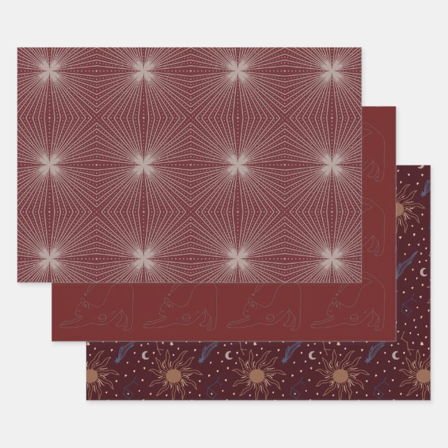 Celestial objects, moon, sun, cat, starburst wrapping paper sheets (Set)