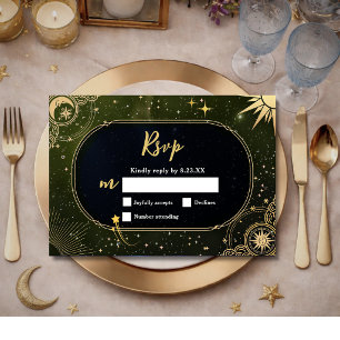 Celestial Olive Green Shooting Star Wedding RSVP Card