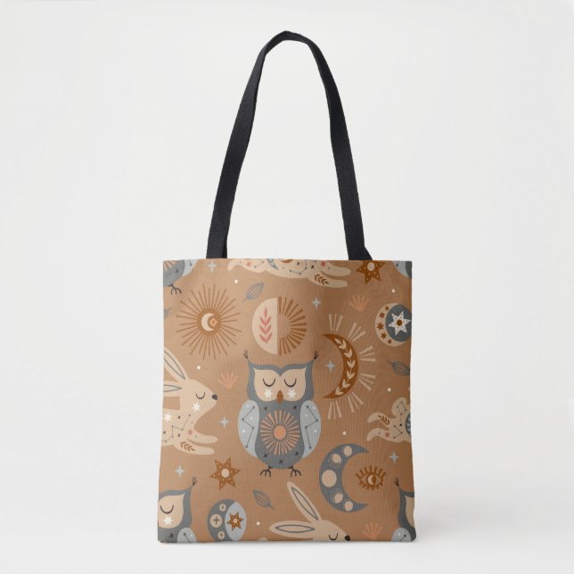 Celestial Owl & Hare: Mystic Pattern Tote Bag (Front)