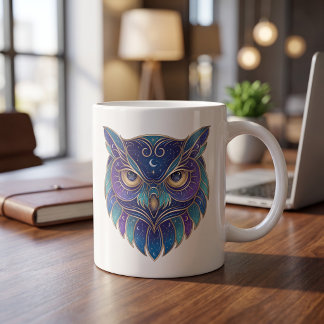 Celestial Owl Mug Gold & Blue Luxury Line Art