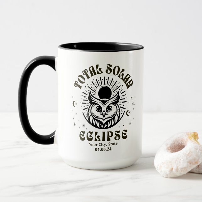 Celestial Owl Personalized Total Solar Eclipse  Mug (With Donut)