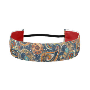Celestial Paisley Pattern Navy Blue & Gold Vintage Athletic Headband