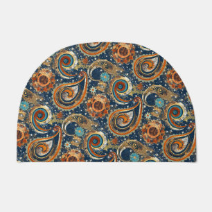 Celestial Paisley Pattern Navy Blue & Gold Vintage Doormat