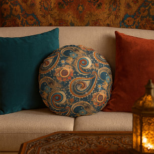 Celestial Paisley Pattern Navy Blue & Gold Vintage Round Pillow
