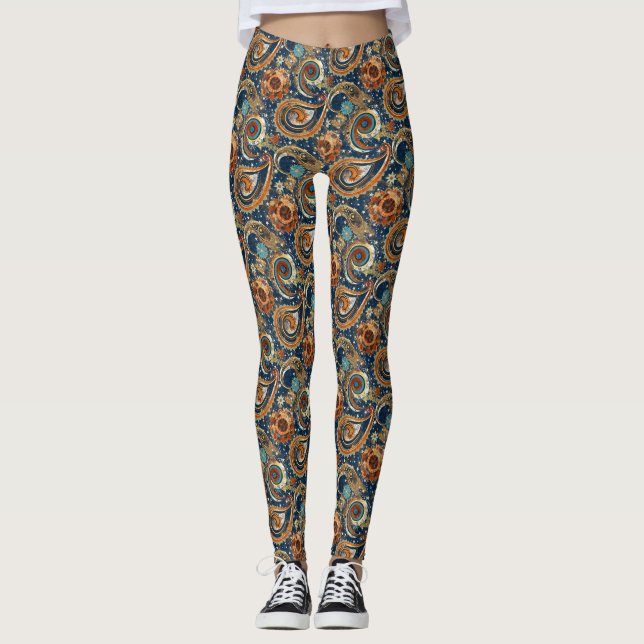  Celestial Paisley Pattern Navy Blue, Orange, Gold Leggings (Front)