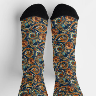 Celestial Paisley Pattern Navy Blue, Orange, Gold Socks