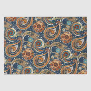 Celestial Paisley Pattern Navy Blue, Orange, Gold Tissue Paper