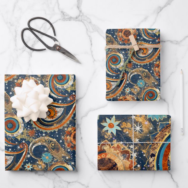  Celestial Paisley Pattern Navy Blue, Orange, Gold Wrapping Paper Sheets (Front)