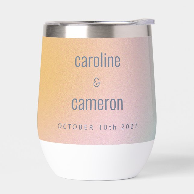 Celestial Pastel Blue Pink Grainy Gradient Wedding Thermal Wine Tumbler (Left)