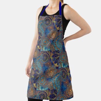 Celestial Pattern In Blue & Gold Hostess Apron by Frasure_Studios at Zazzle