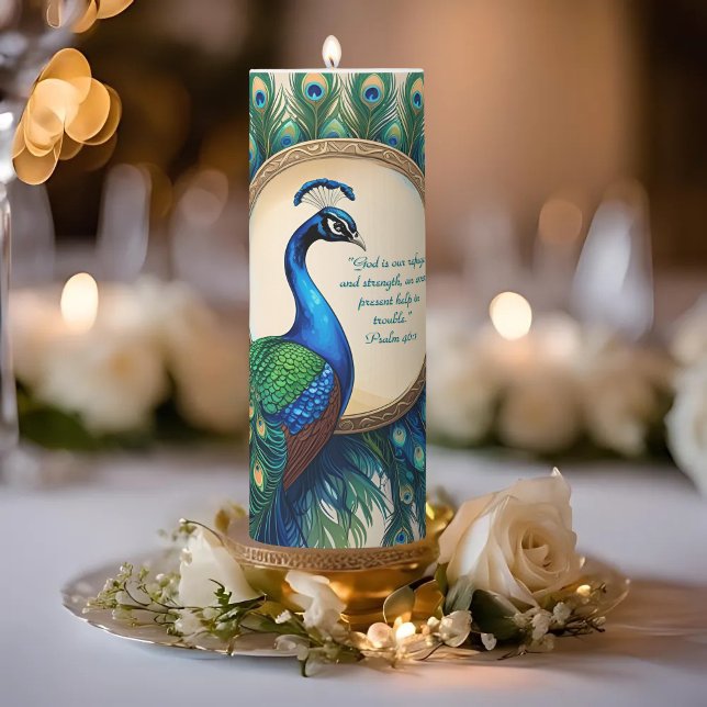 Celestial Peacock Bloom Bible Verse  Pillar Candle (Creator Uploaded)