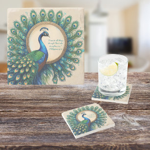 Celestial Peacock Bloom Bible Verse Stone Coaster