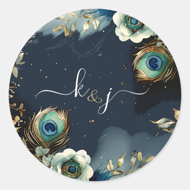 Celestial Peacock Feathers Wedding  Classic Round Sticker (Front)