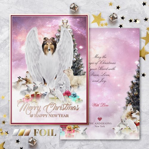 Celestial Pet Christmas Eve Sable Collie Angel _ Foil Holiday Card