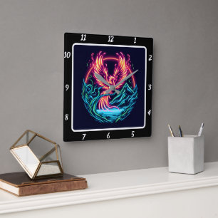 Celestial Phoenix Above Endless Horizons Square Wall Clock