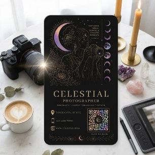 Celestial Photographer Luxury Black Gold QR Business Card