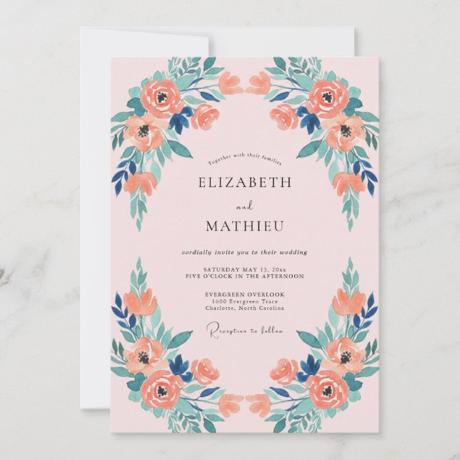 Celestial Pink Coral Blossom Wedding Invitation (Front)