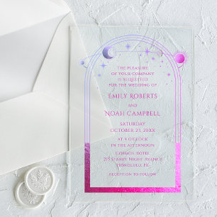 Celestial Pink Purple Sun Moon Stars Wedding Acrylic Invitations