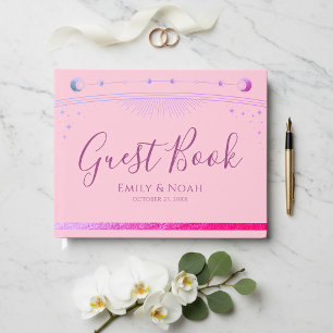 Celestial Pink Purple Sun Moon Stars Wedding  Guest Book