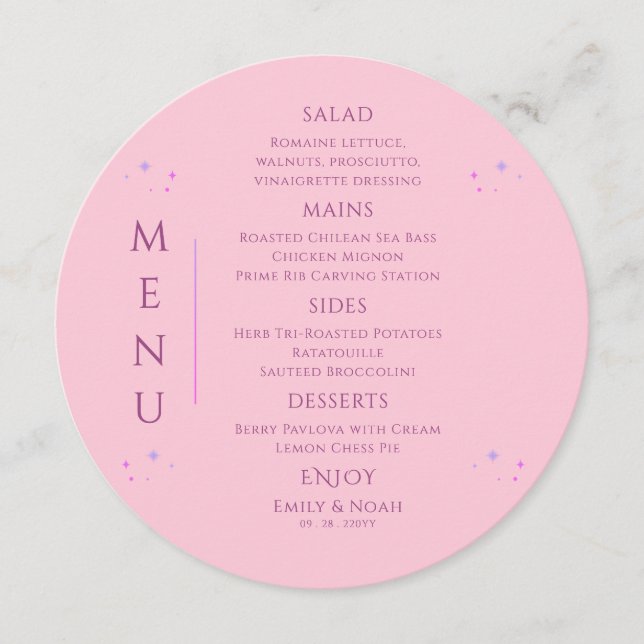 Celestial Pink Purple Sun Moon Stars Wedding Menu (Front)