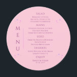 Celestial Pink Purple Sun Moon Stars Wedding Menu<br><div class="desc">Celestial Pink Purple Sun Moon Stars Mystical Wedding Menu Cards features simple pink and purple stars on a pink background with your menu details in the center in modern pinkcalligraphy script. Personalize by editing the text in the text boxes provided. Designed for you by ©2022 Evco Studio www.zazzle.com/store/evcostudio</div>