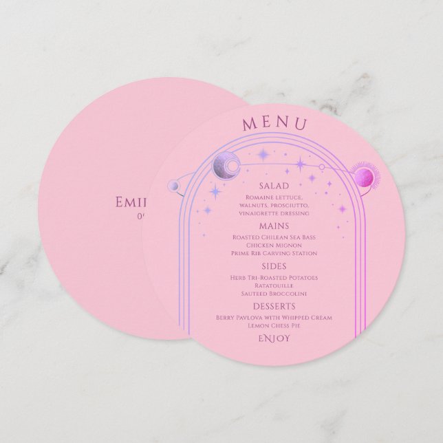 Celestial Pink Purple Sun Moon Stars Wedding Menu (Front/Back)