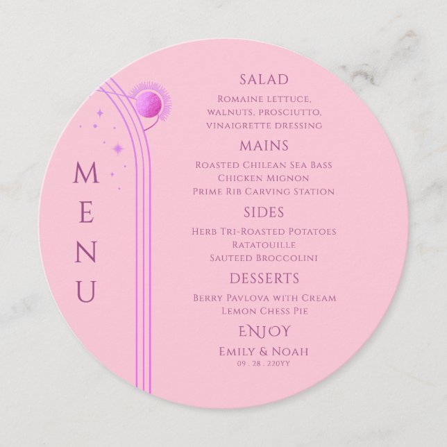 Celestial Pink Purple Sun Moon Stars Wedding Menu (Front)