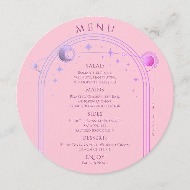 Celestial Pink Purple Sun Moon Stars Wedding Menu (Front)