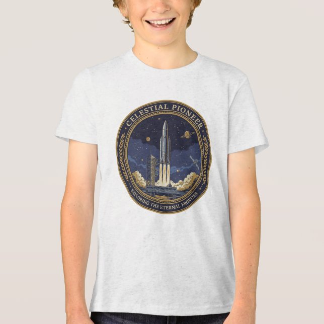 Celestial Pioneer Rocket Ship Space Exploration  Tri-Blend Shirt (Front)