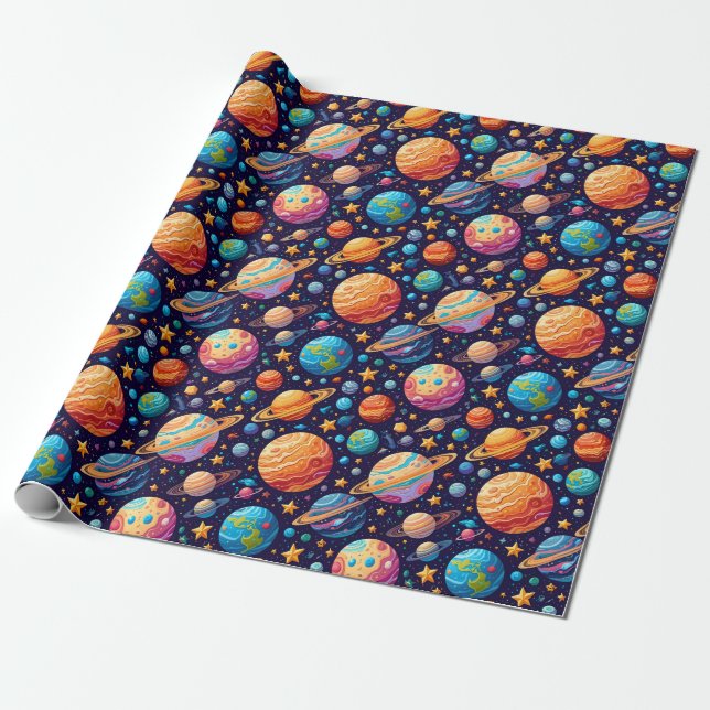 Celestial Planets and Stars Wrapping Paper (Unrolled)