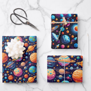 Celestial Planets and Stars Wrapping Paper Sheets