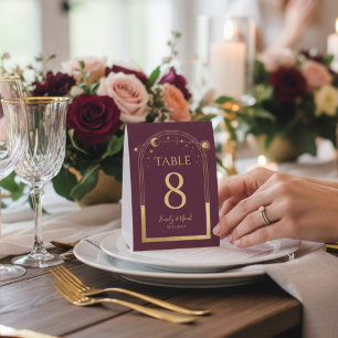 Celestial Plum Gold Sun Moon Stars Elegant Wedding Paper Table Tent