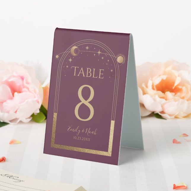Celestial Plum Gold Sun Moon Stars Wedding Table Tent (In SItu (Wedding))