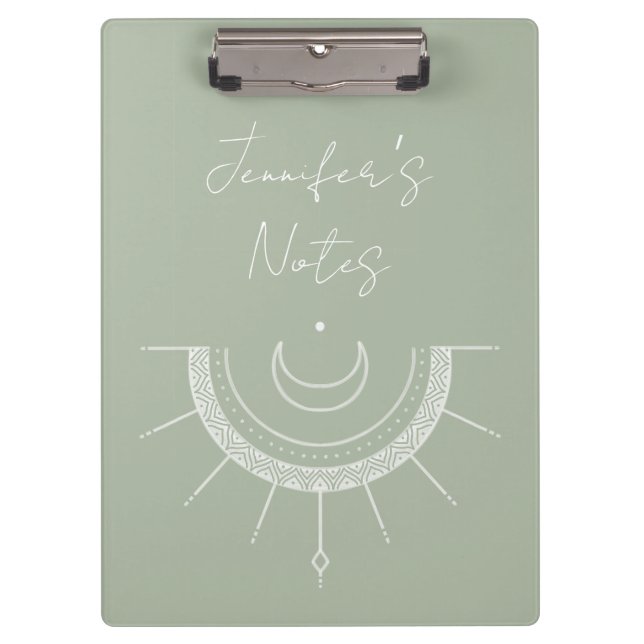 Celestial Pretty Olive Green Sun Moon Personalized Clipboard (Front)