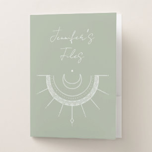 Celestial Pretty Olive Green Sun Moon Personalized Pocket Folder