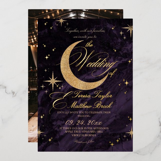Celestial Purple and Gold Foil Wedding  Invitation (Front/Back)